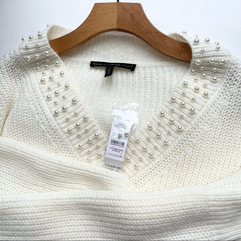WHBM white v neck cashmere sweater w. Pearl embellishment. NWT.White Sweater